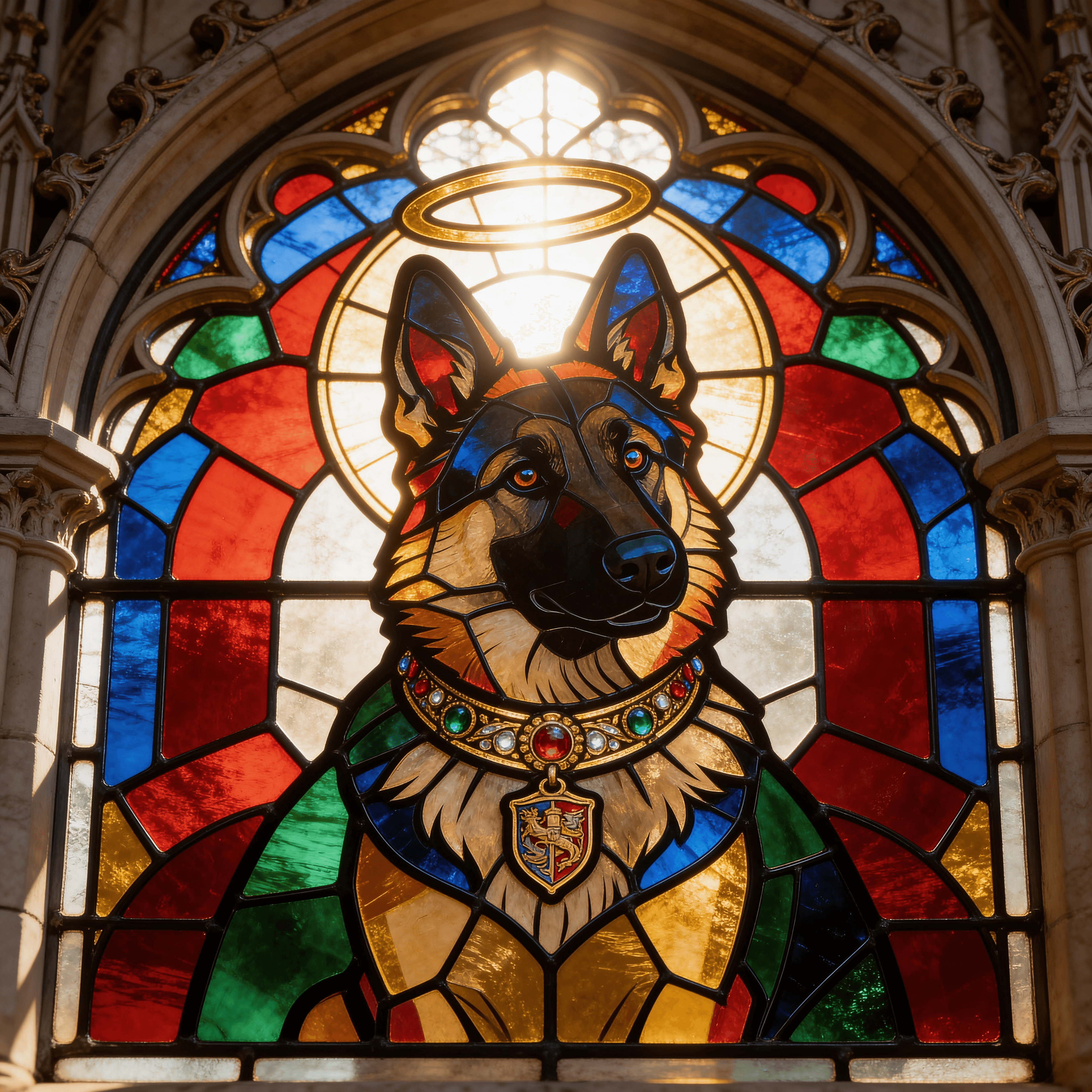 A pet rendered in rich stained glass style with jewel-toned colours and bold lead lines