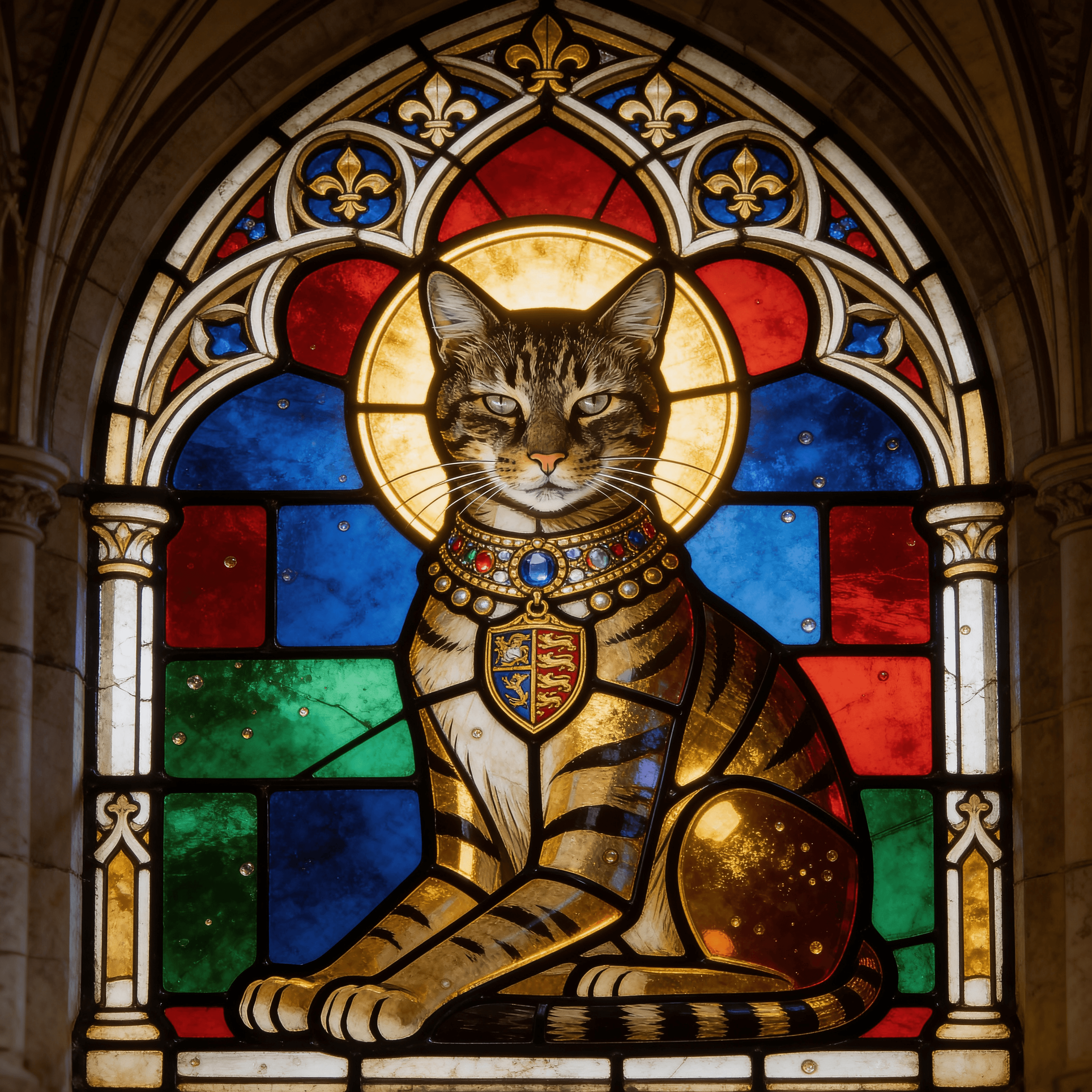 Stained Glass style portrait of a cat