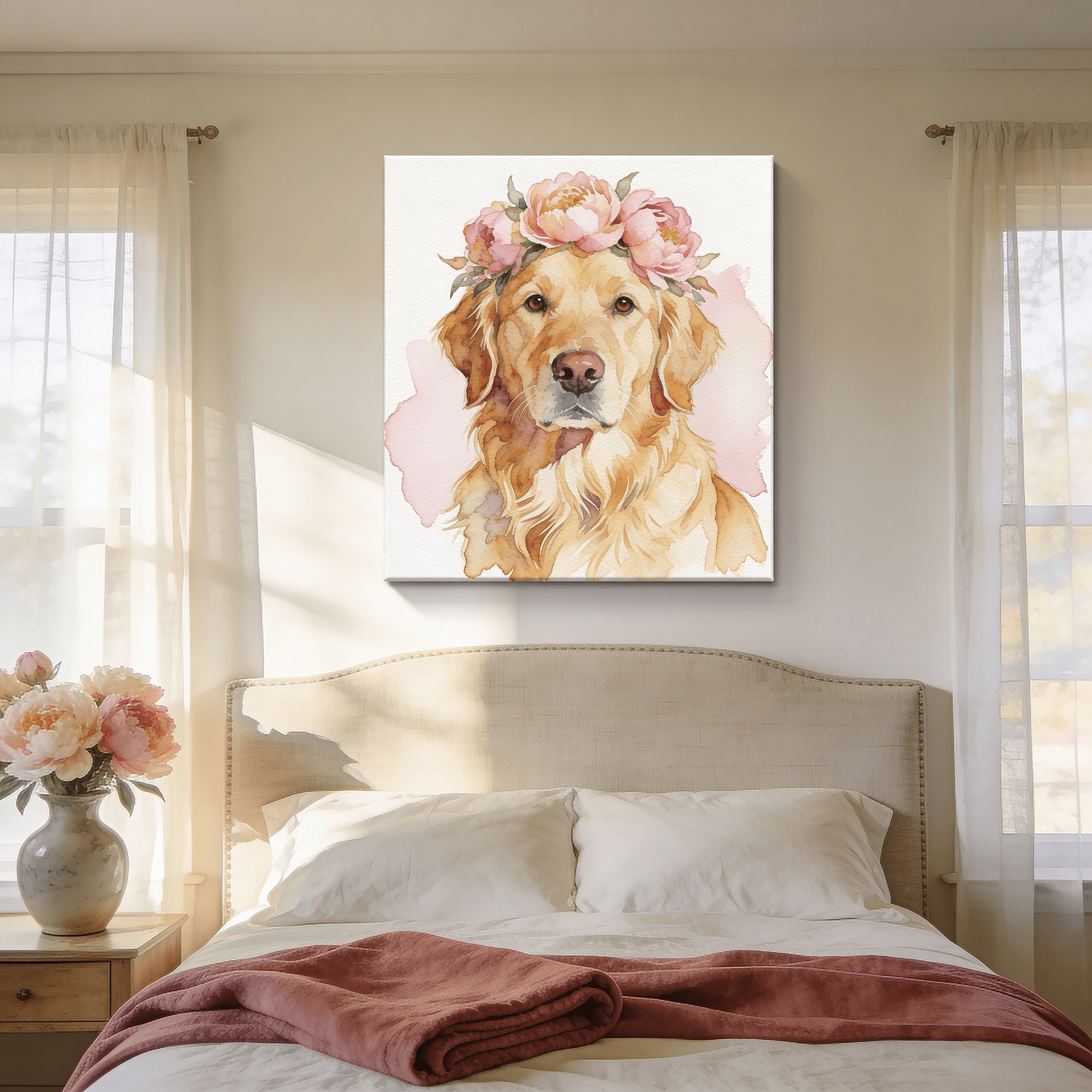 A watercolor pet portrait of a Golden Retriever with peony flower crown, hanging above a bed in a sunlit master bedroom