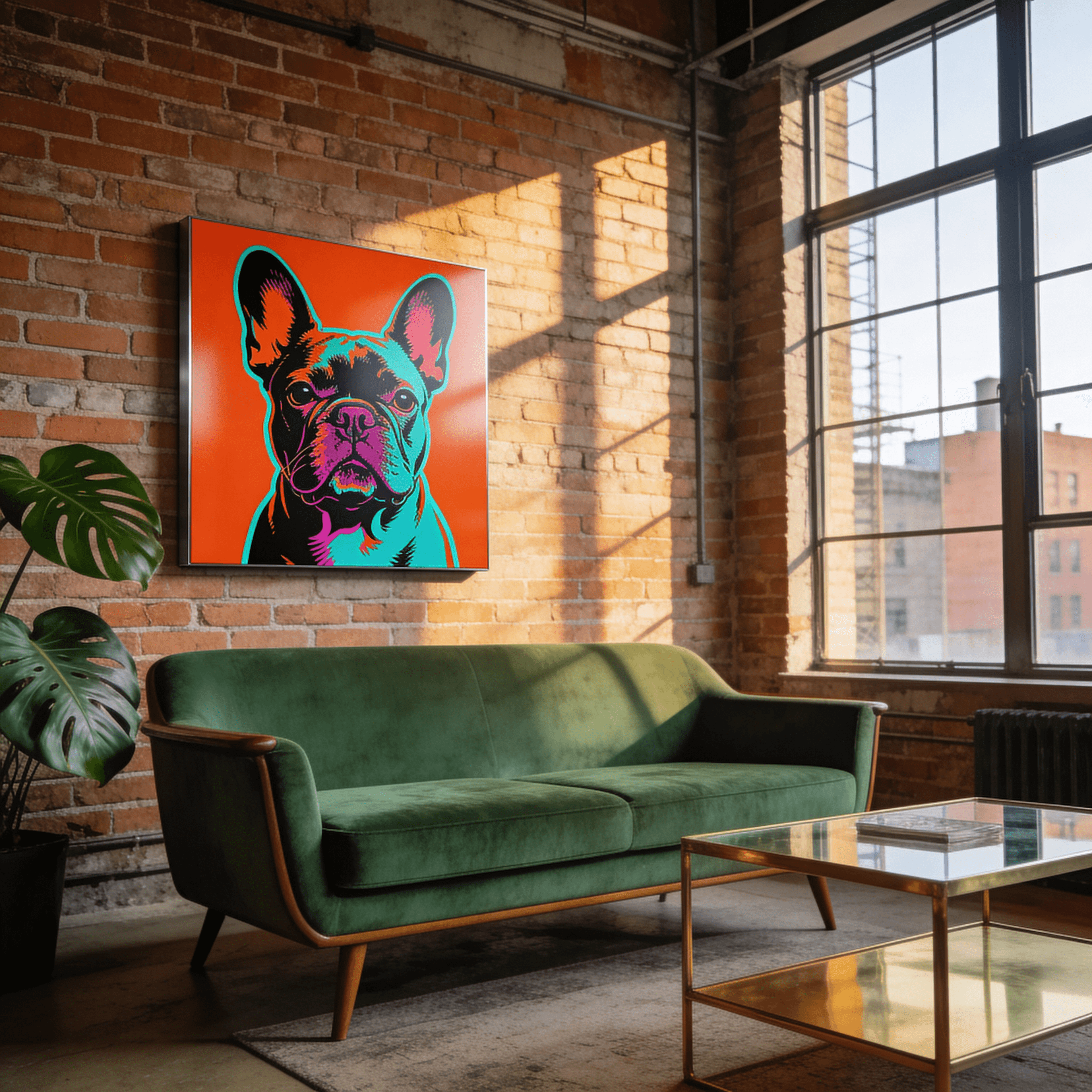 A pop-art stencil portrait of a French Bulldog on a metal print, hanging on the exposed-brick wall of a Brooklyn loft living room